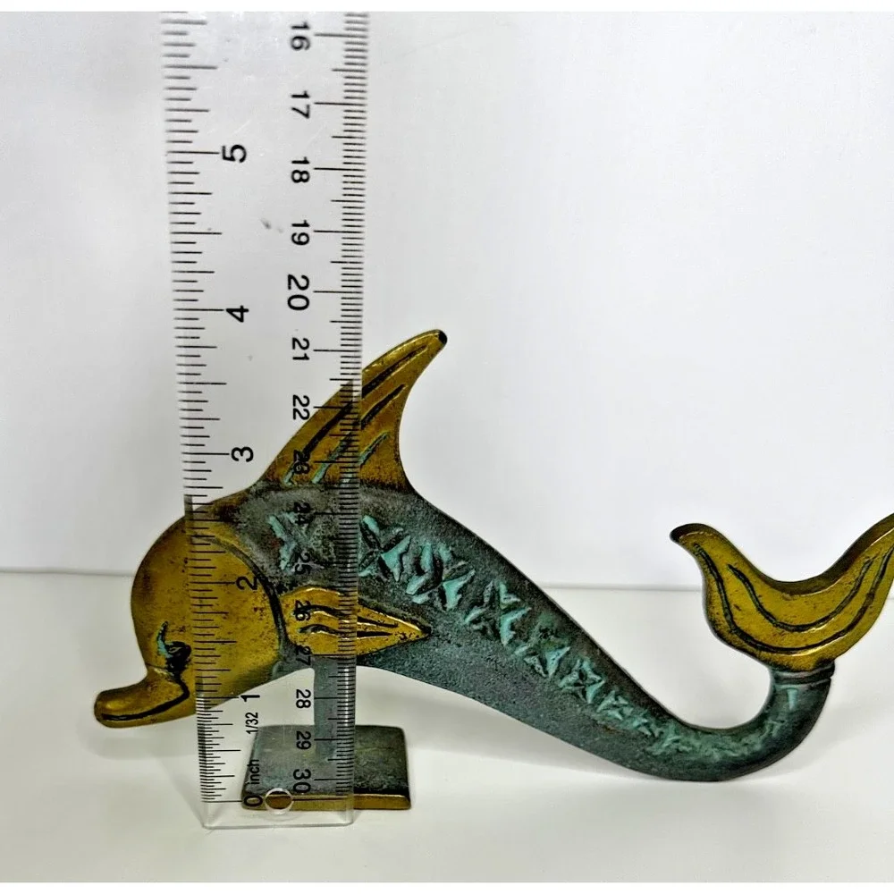 Brass Dolphin Figure Table Top Polished Patina textured Solid Marine Beach Coast